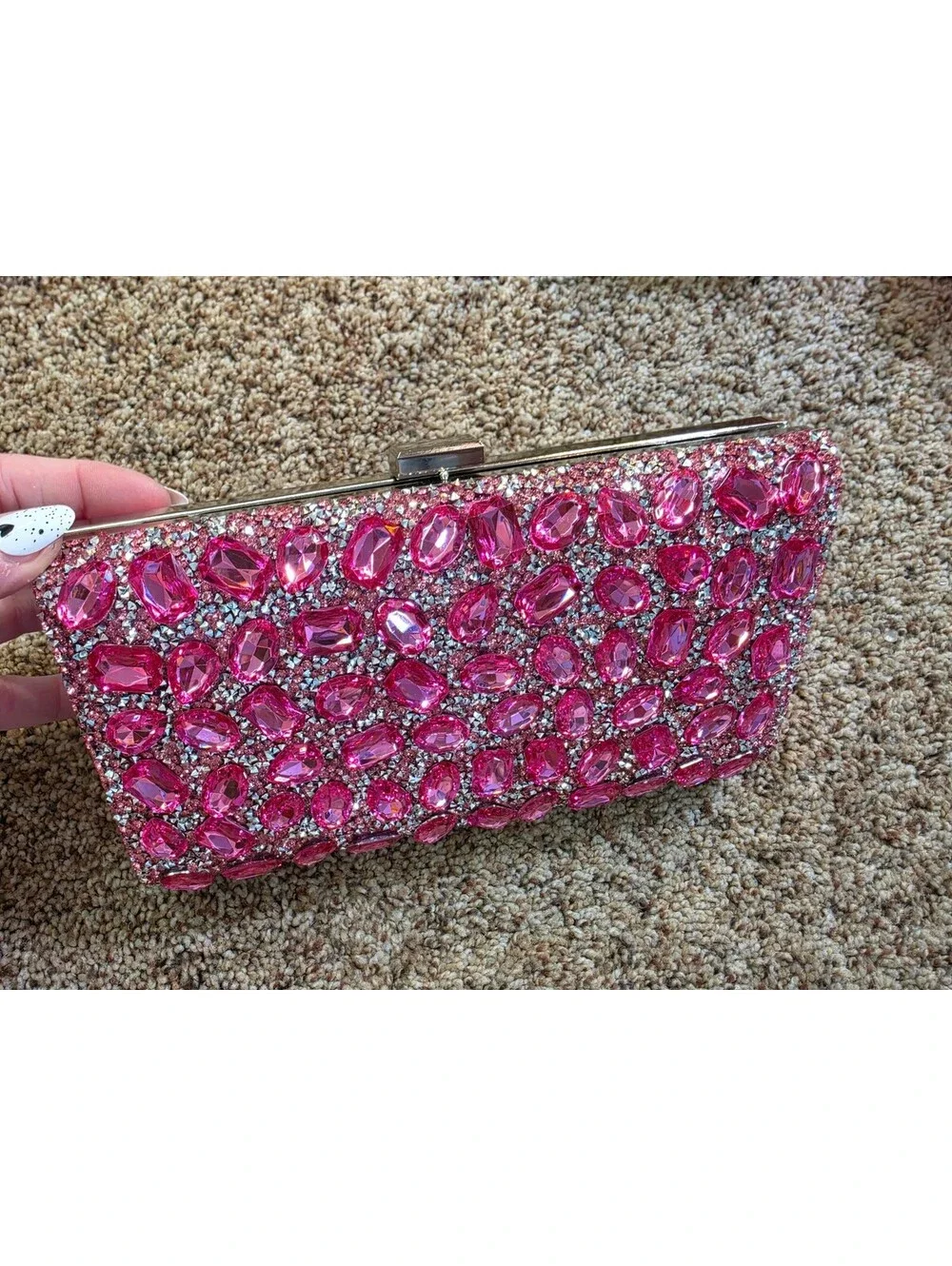 Elegant Pink Rhinestone Clutch Evening Bag Sparkling Hard Case